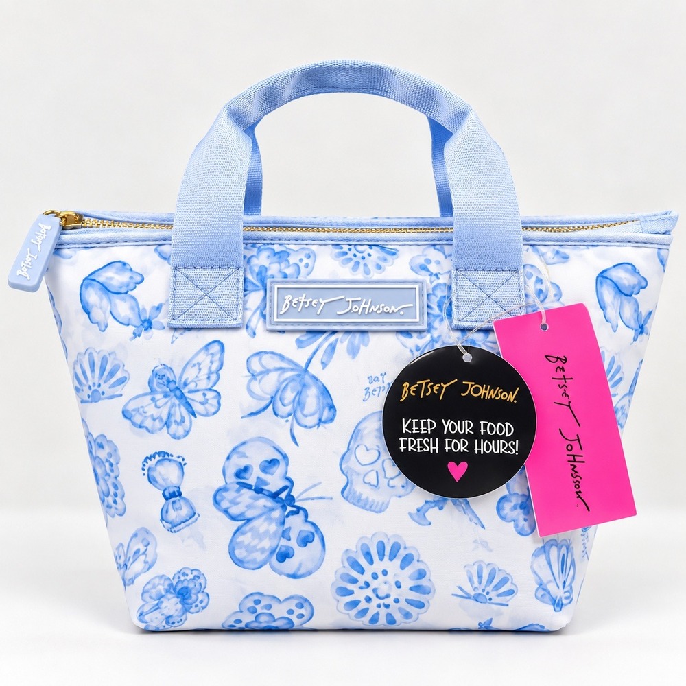 Betsey Johnson Skull Floral Toile Insulated Lunch Tote Blue White NWT